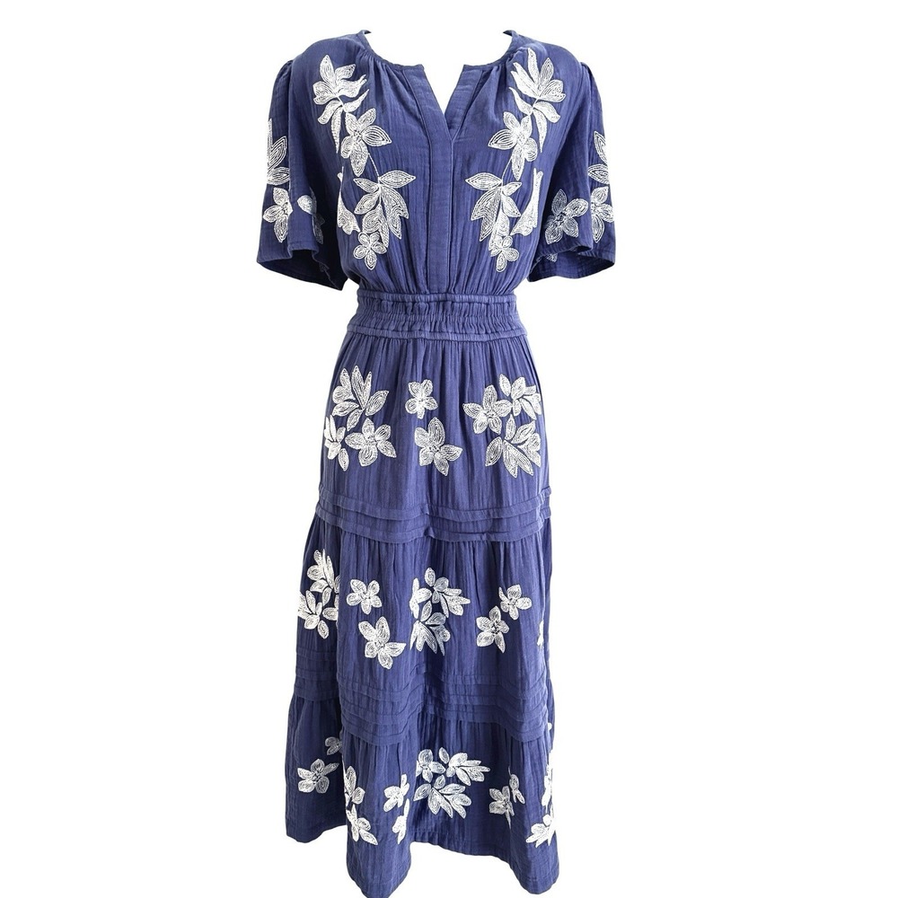 Draper's & Damon's Embroidered‎ Dress M Blue Boho Midi Cottagecore Floral Tiered